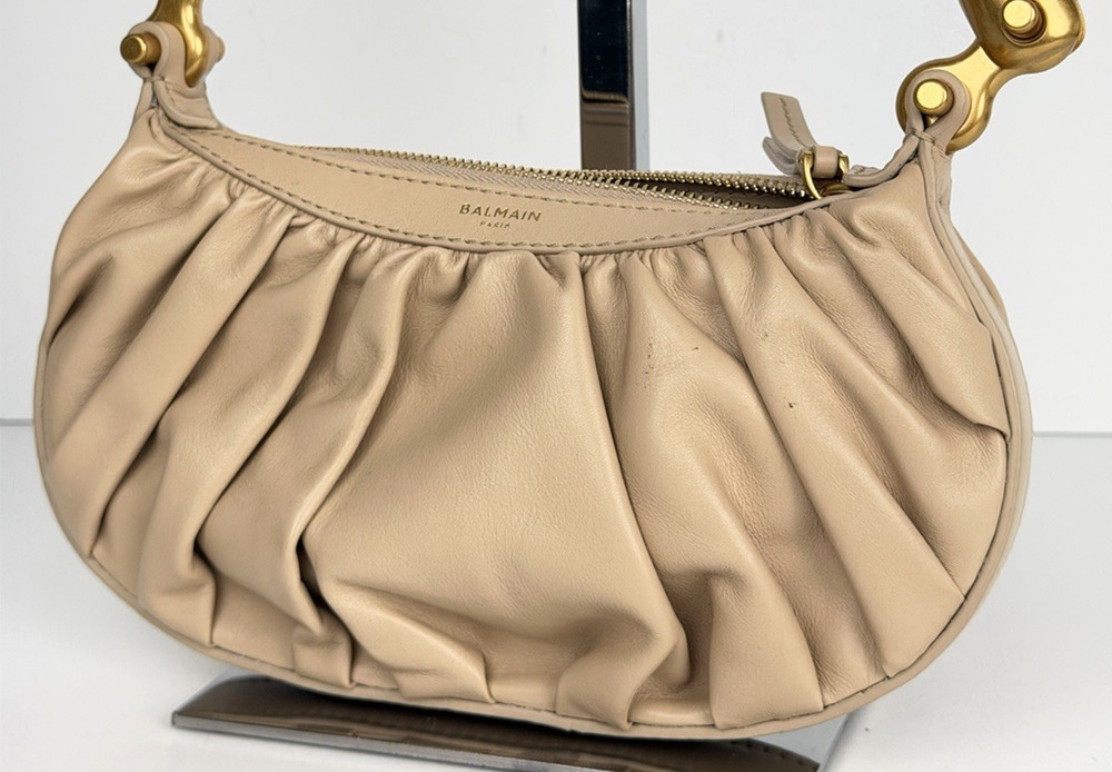 Balmain Mini Bag in Ebene Scrunched Leather Crossbody with Crochet Handle S-05